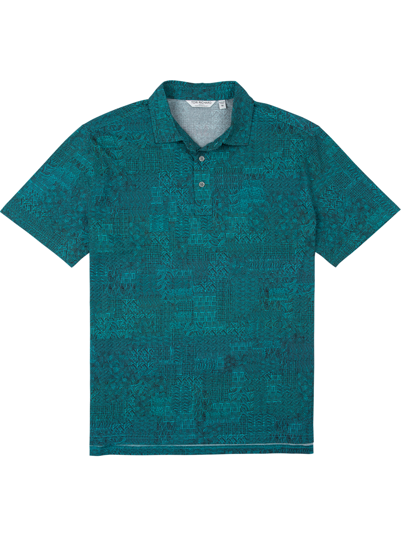 Image 1: Front view, teal tapa-print polo with collar. Image 2: Back view, same shirt.
