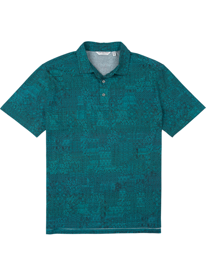 Image 1: Front view, teal tapa-print polo with collar. Image 2: Back view, same shirt.