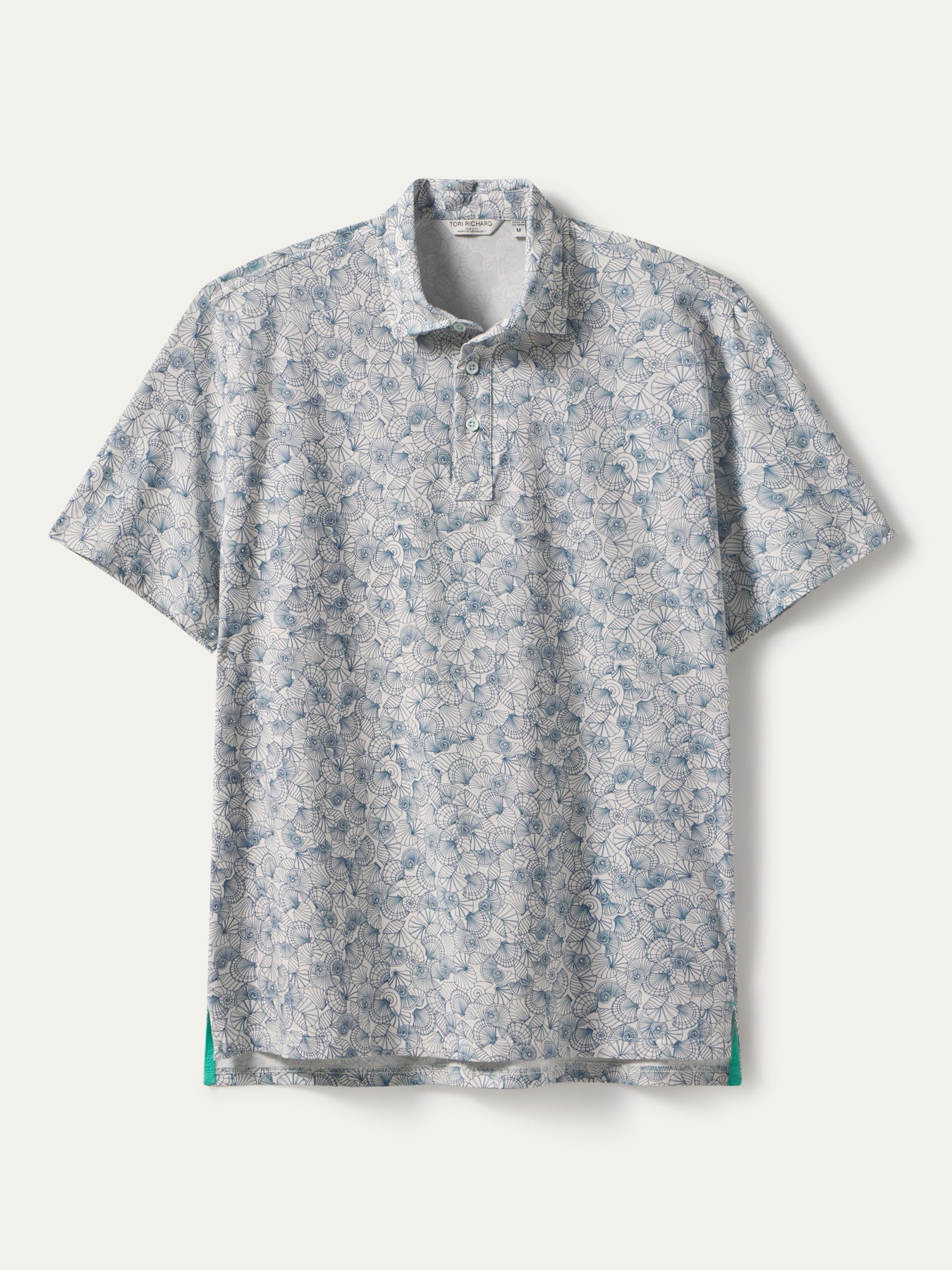 Blue and white floral short-sleeve polo shirt, laid flat, front view, shown in Images 1 and 2.