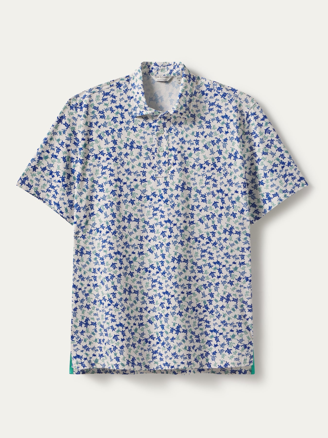 Blue and white floral short-sleeve Pima cotton shirt, front view shown in both images.