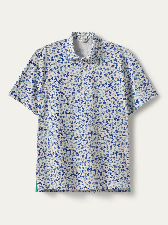 Blue and white floral short-sleeve Pima cotton shirt, front view shown in both images.