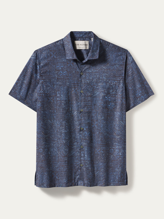 Dark blue Pacific Islander Tapa-print short-sleeve button-up shirt, front view shown in both images.