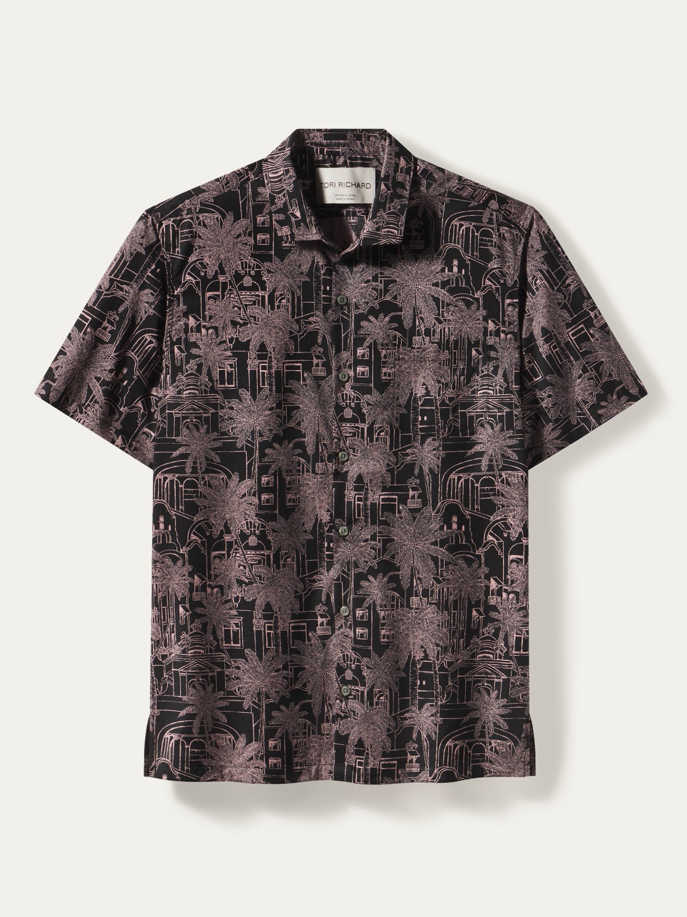Blue and green tropical-print short-sleeve button-up shirt, front and back views.