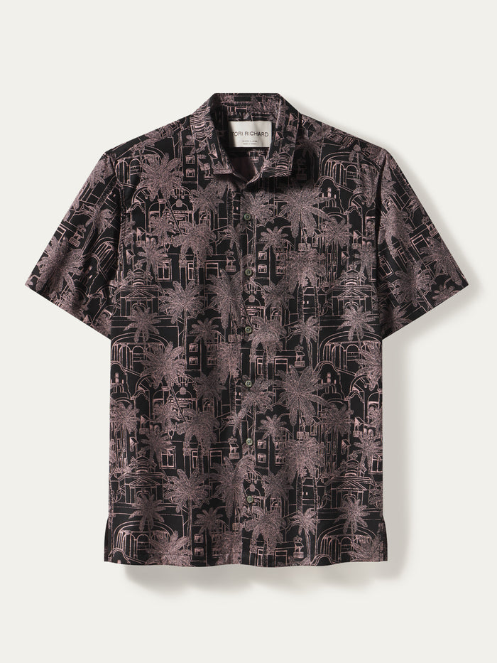 Blue and green tropical-print short-sleeve button-up shirt, front and back views.