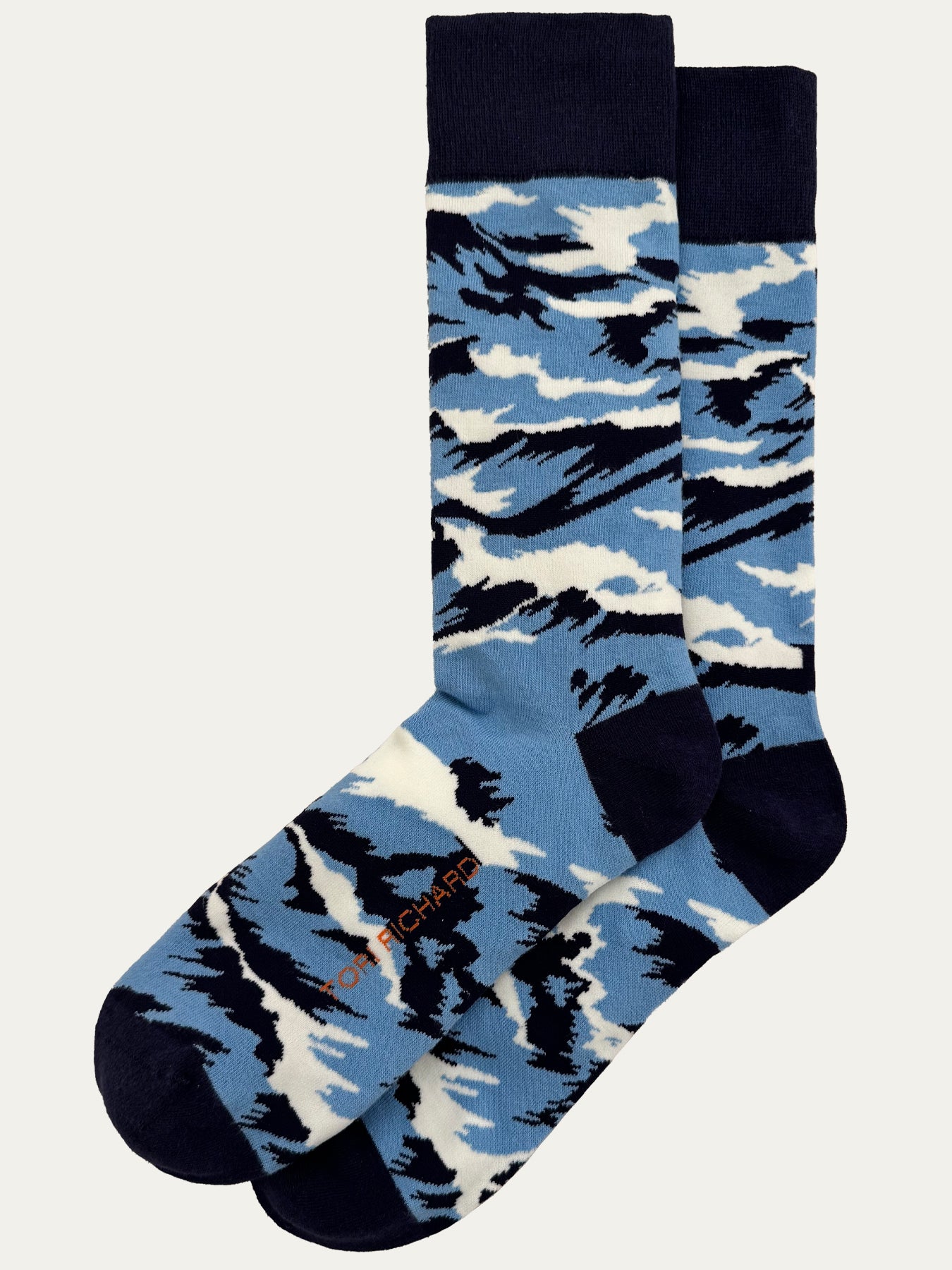 Vintage blue, white, and navy camouflage Open Ocean socks, side view{{/AltText}}.