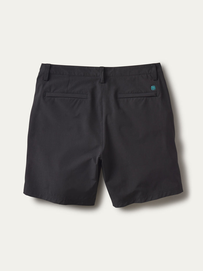 Blue solid-performance shorts, back view with belt loops, two back pockets, and logo above pocket.