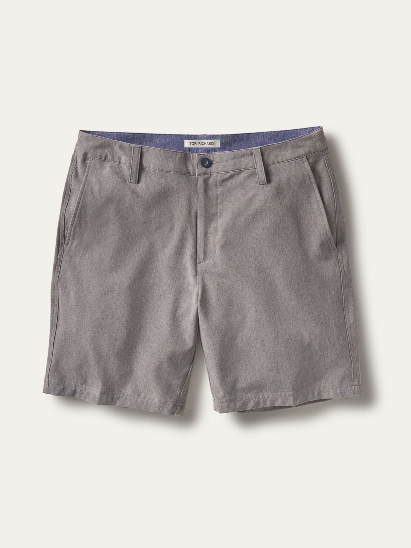Gray performance shorts with quick-dry fabric, side pockets, and belt loops, front view shown.