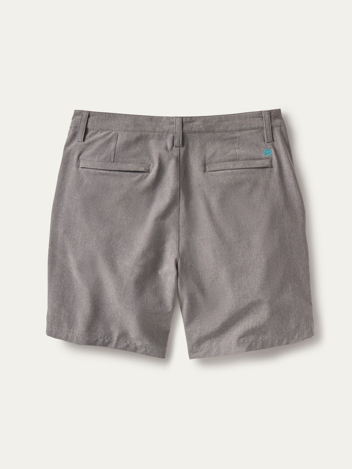Gray solid performance shorts with belt loops and two back pockets, rear view{{/AltText}}.