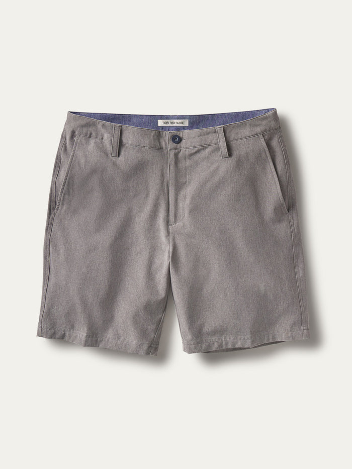 Gray performance shorts with quick-dry fabric, side pockets, and belt loops, front view shown.
