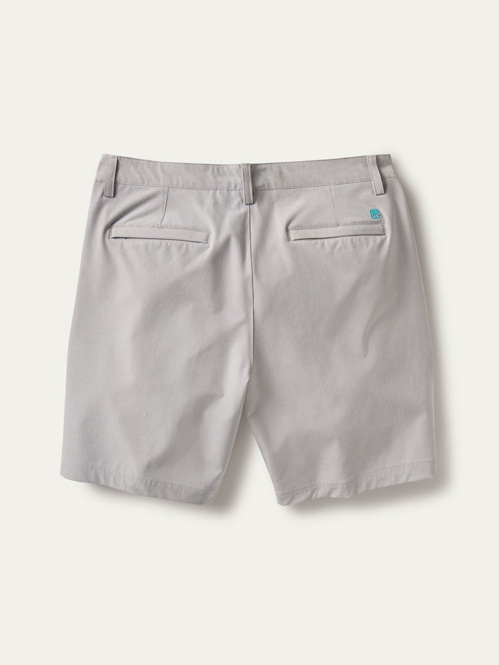 Light gray solid performance shorts with welt pockets and belt loops, back view shown in two images.