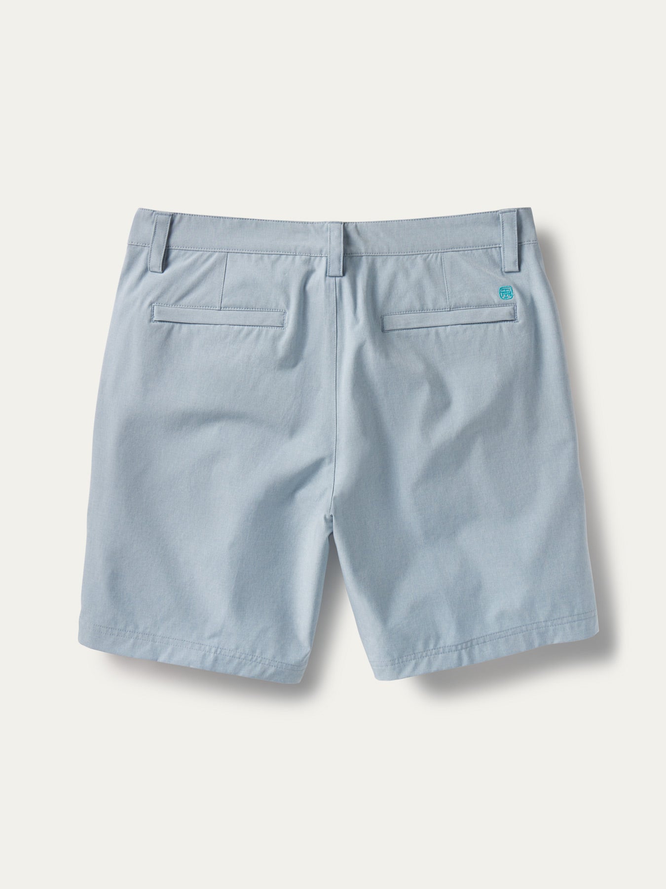Light blue mens performance shorts, back view, with belt loops and technical fabric.