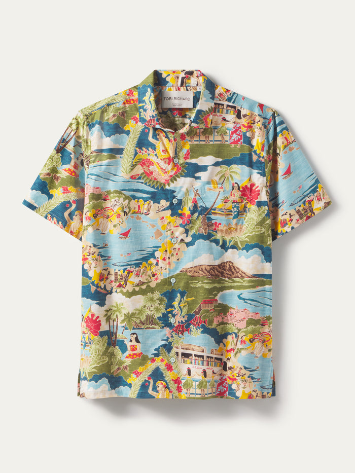 Image 1: Blue island & hula dancer print shirt, front view. Image 2: Blue beach & palm print short-sleeve shirt, front view.