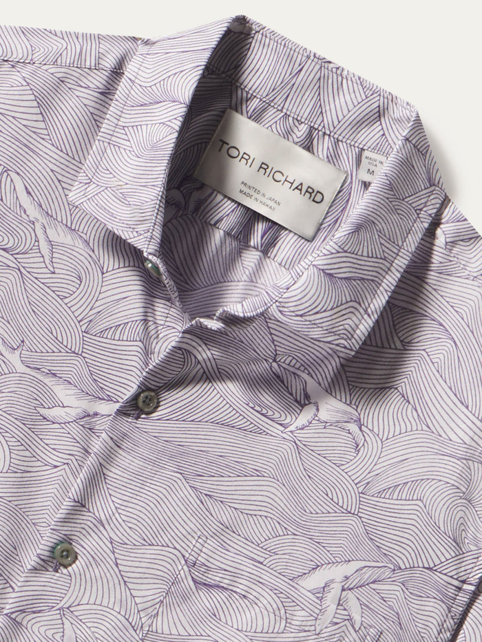 White and purple wavy-patterned Whale Season shirt, showing collar and interior labels.{{/AltText}}.