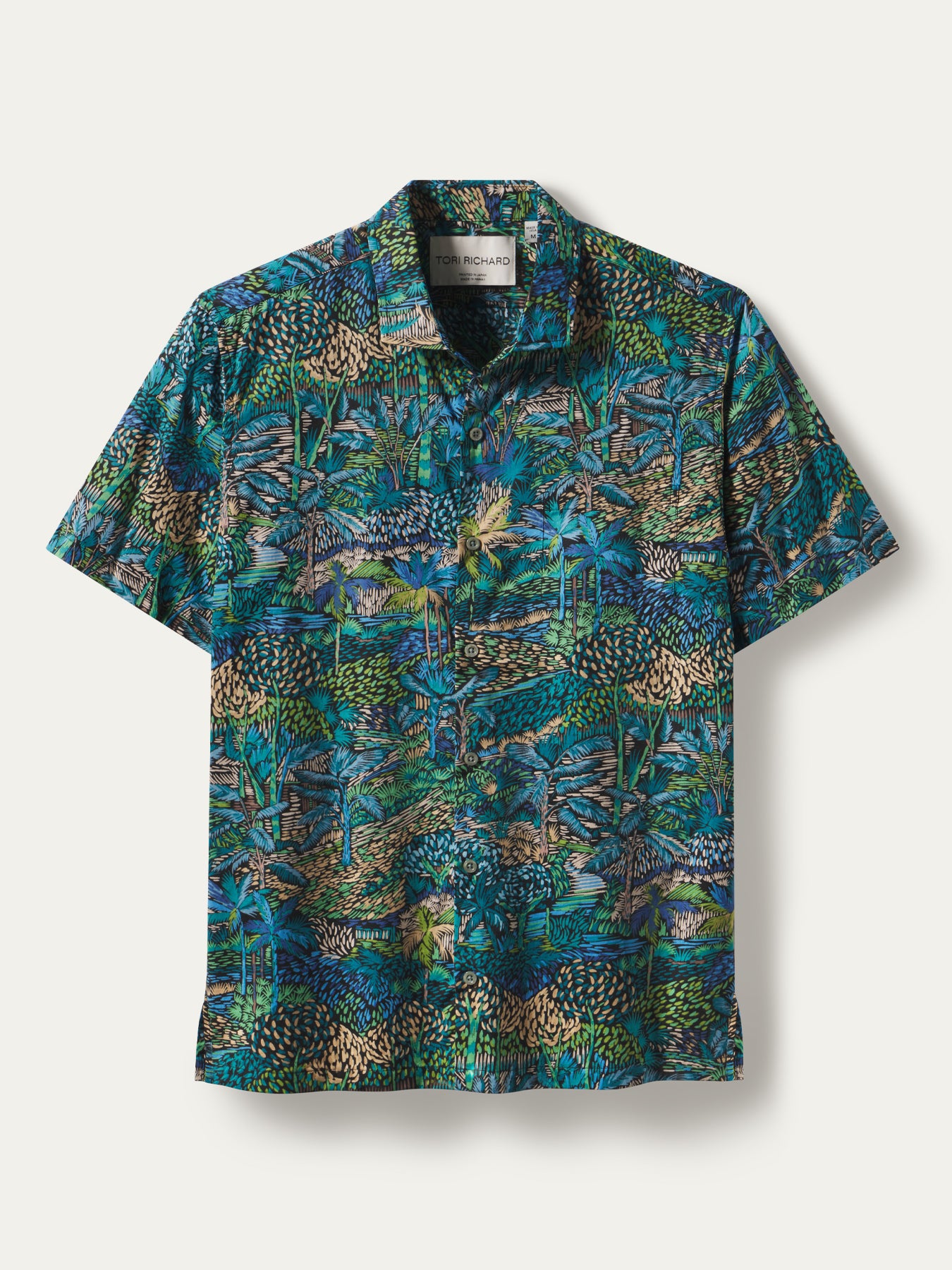 Blue-green jungle print short-sleeve shirt on white background, front view.