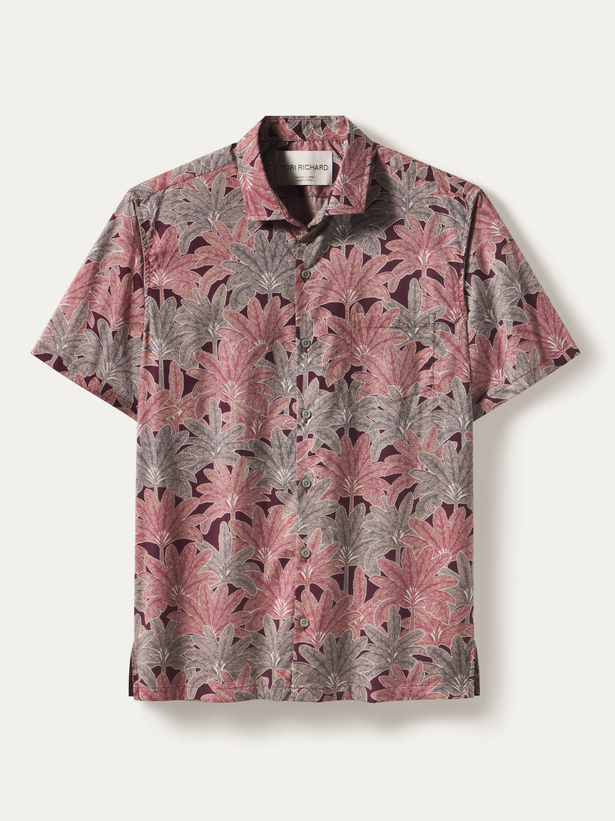 Red, pink, and gray leaf-print Cotton Lawn short-sleeve button-up shirt, front view (2 images).