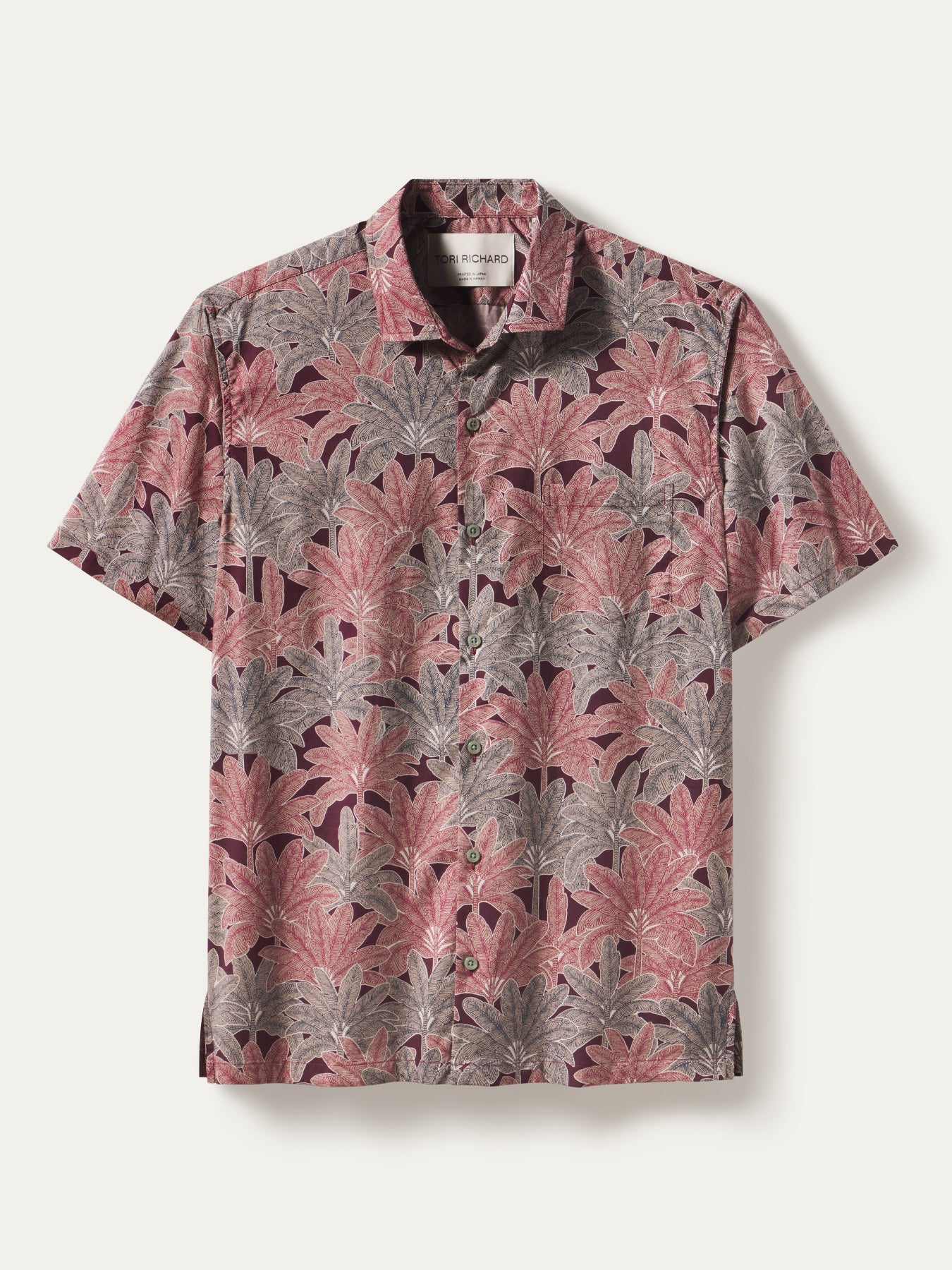 Red, pink, and gray leaf-print Cotton Lawn short-sleeve button-up shirt, front view (2 images).