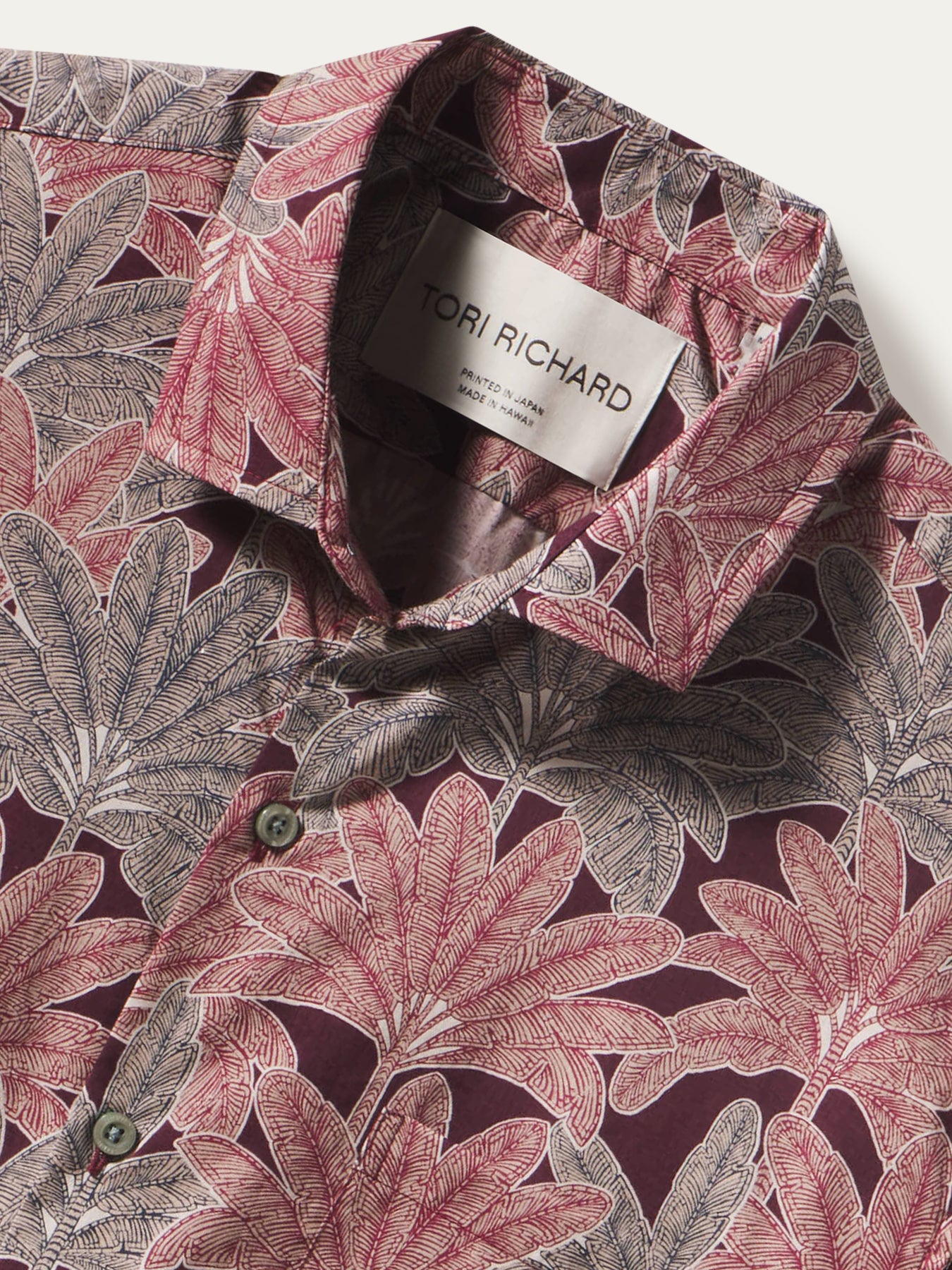 Red and cream tropical leaf-print soft cotton button-up shirt with Tori Richard collar detail.