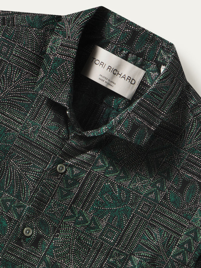 Green and black tile-pattern cotton shirt, close-up of inner collar with Tori Richard label, shown in two images.