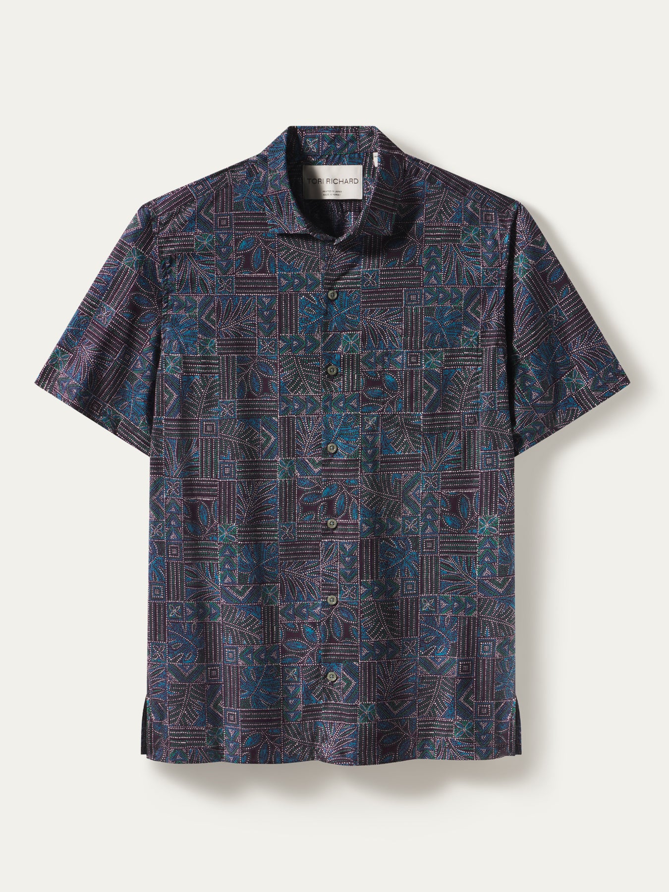 Dark blue, teal, and purple geometric leaf-print cotton lawn shirt, short sleeves, front and side views.