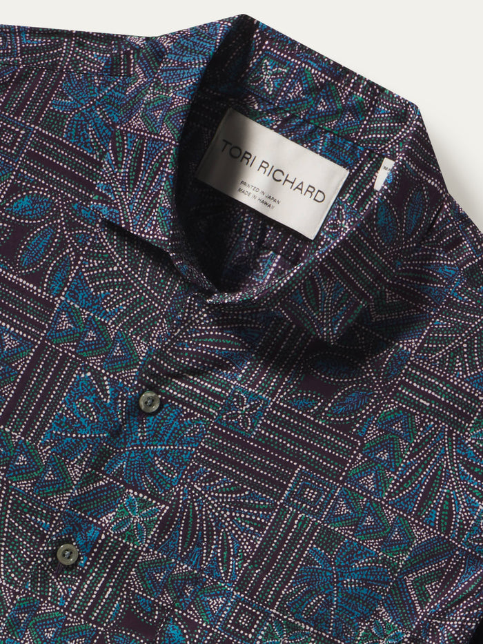 {{Blue and purple motif-print cotton lawn shirt, close-up of collar with Tori Richard label}}{{/AltText}}.