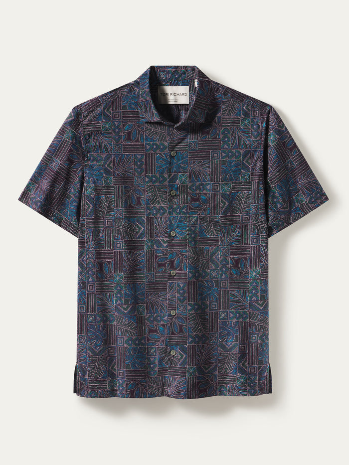 Dark blue, teal, and purple geometric leaf-print cotton lawn shirt, short sleeves, front and side views.