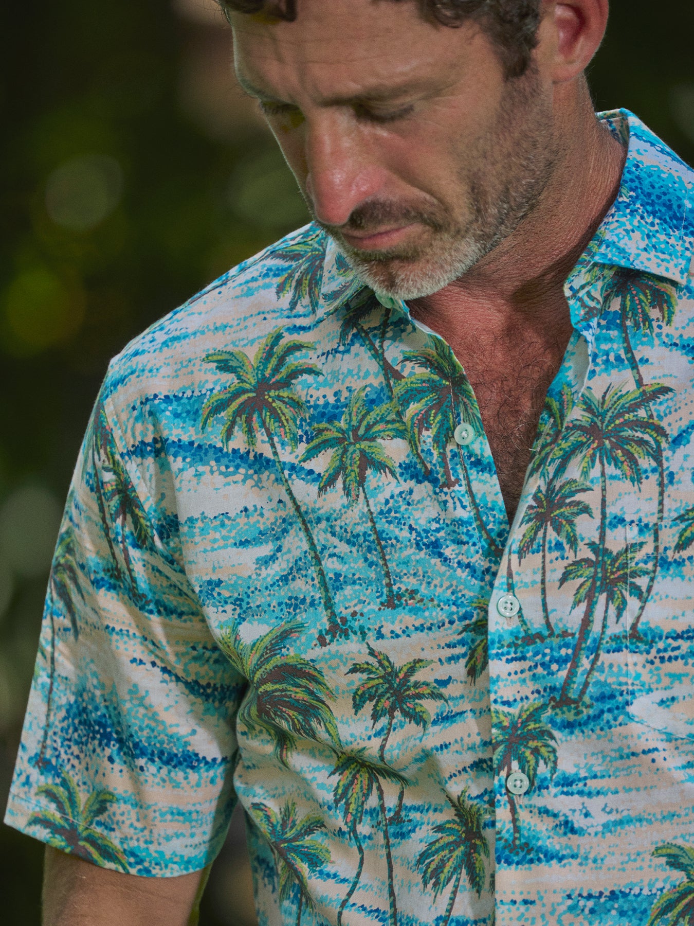 Blue and green palm-print Shore View button-down shirt, close-up view{{/AltText}}.