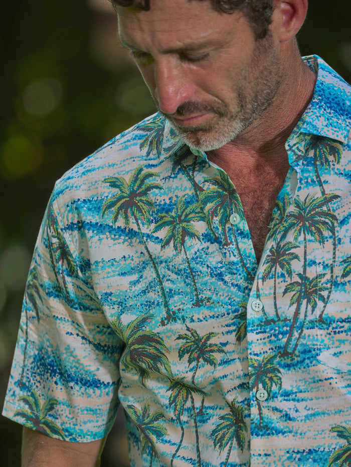 Blue and green palm-print Shore View button-down shirt, close-up view{{/AltText}}.