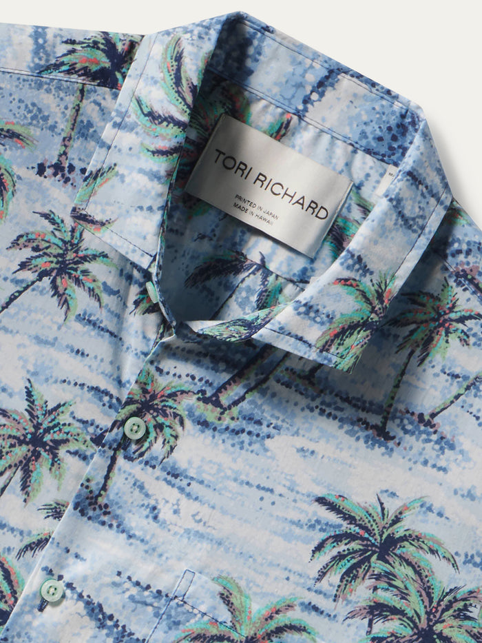Blue palm tree-print shirt, collar close-up with visible Tori Richard label in both images.