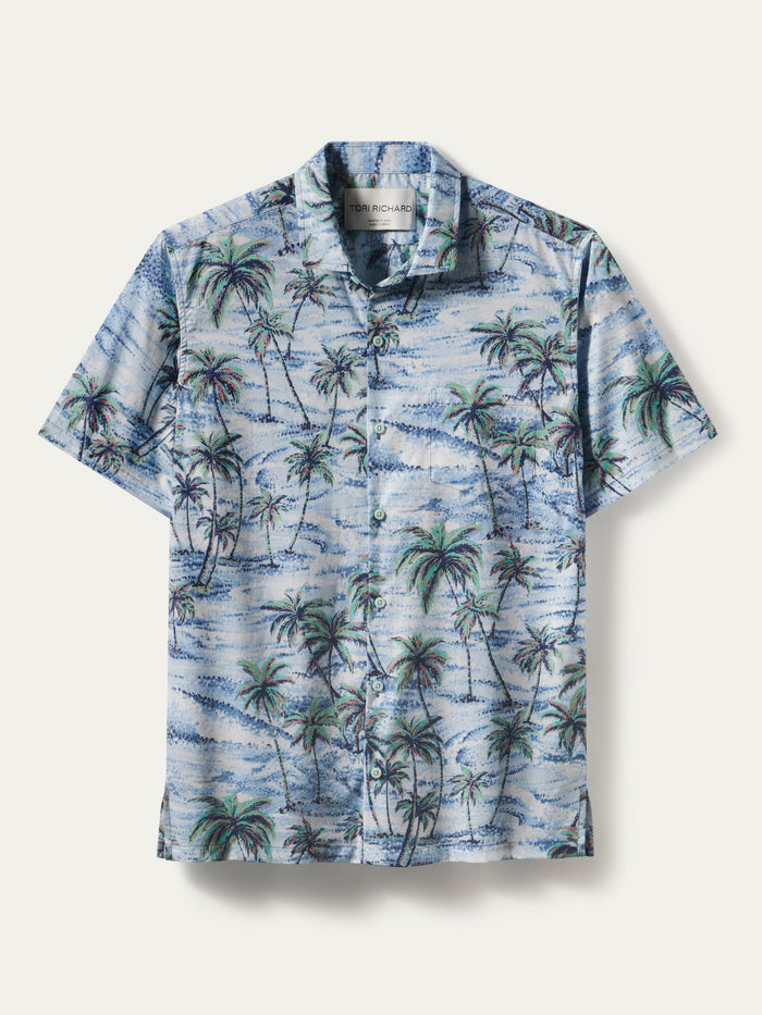 Blue palm tree and ocean wave print short-sleeve shirt, front and back views.