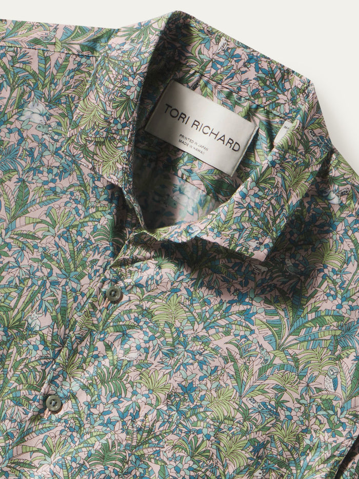 Pink, blue, and green tropical leaf-print cotton shirt shown with close-up of Tori Richard label.