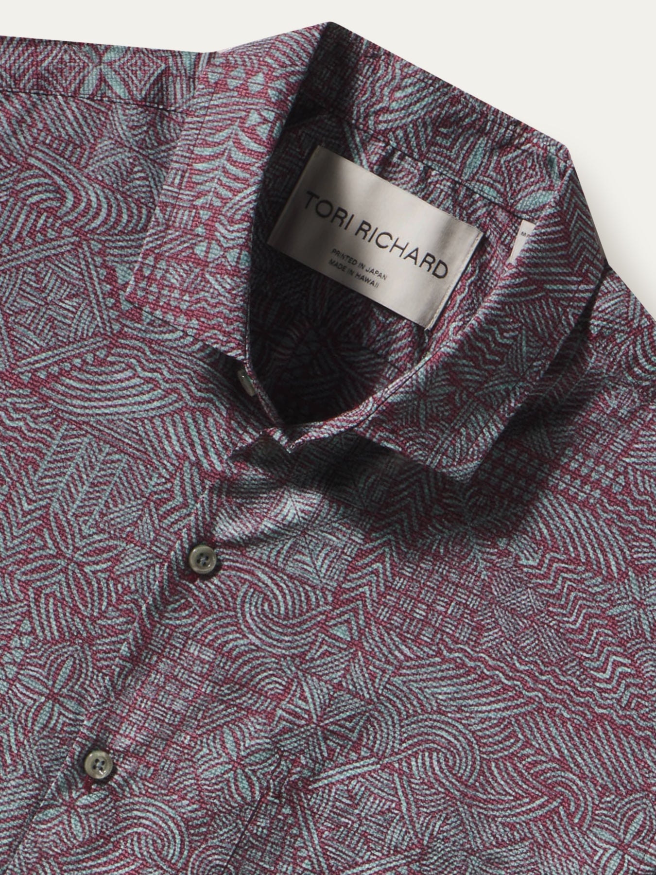Blue and white geometric-pattern cotton button-up shirt, close-up of Tori Richard label (Images 1 & 2).