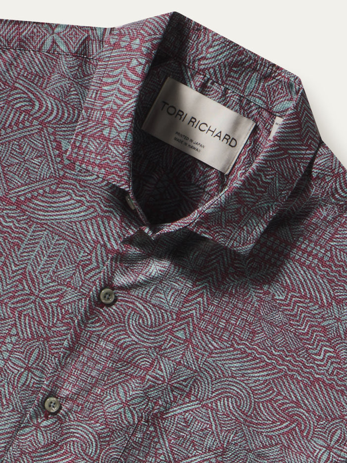 Blue and white geometric-pattern cotton button-up shirt, close-up of Tori Richard label (Images 1 & 2).