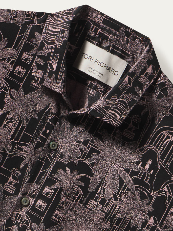 Black shirt with pink tropical print, button-up, short sleeves, collar, Tori Richard label visible in both images.