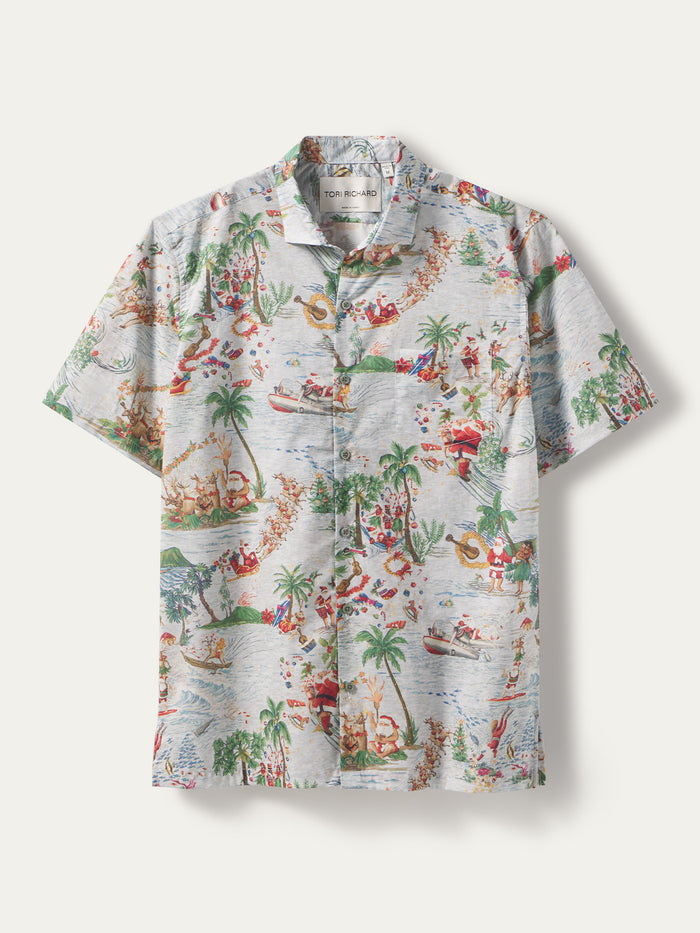 White cotton short-sleeve shirt with palm tree and island print, front view shown in both images.