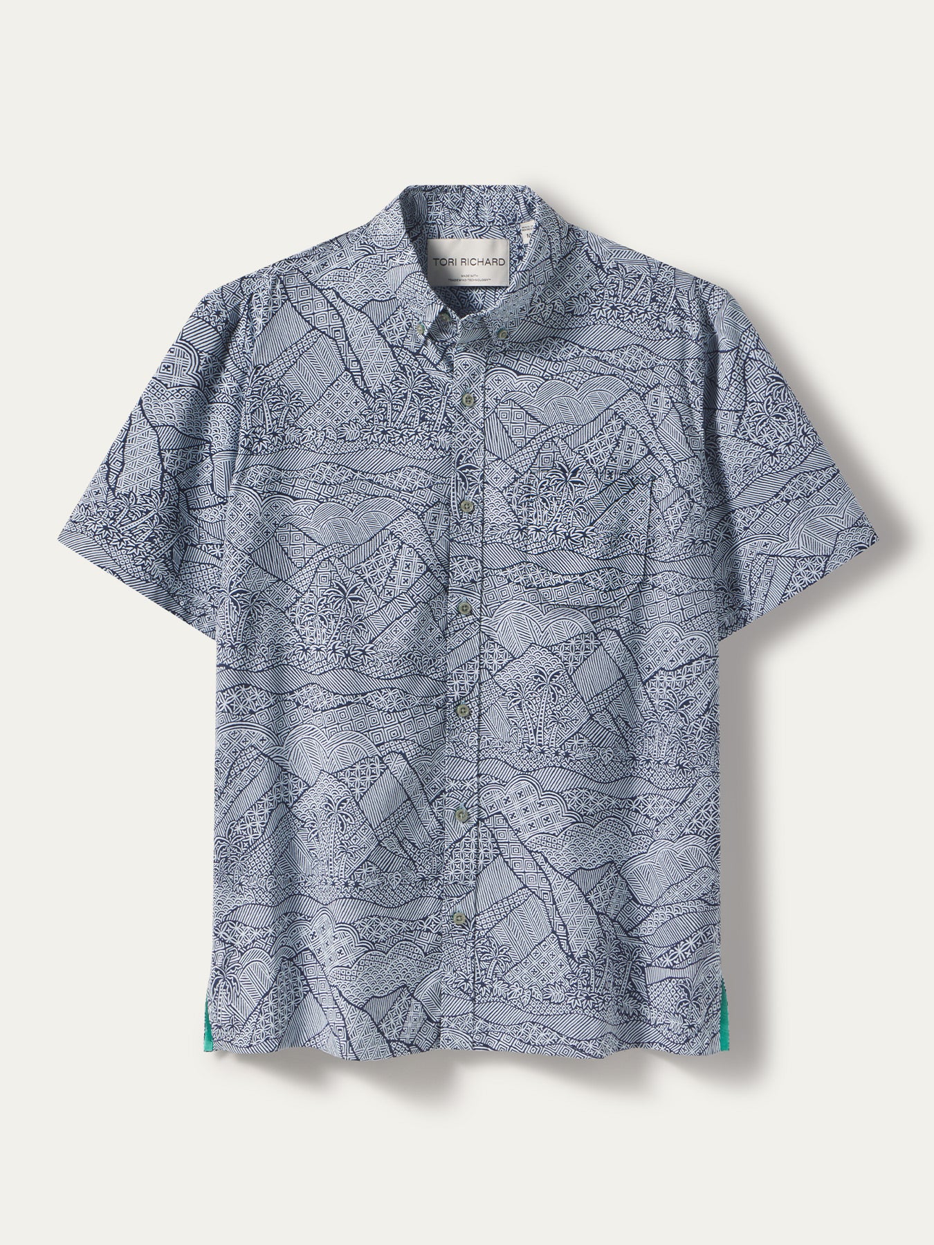 Blue and white mountain line-print short-sleeve button-up shirt, front display view in both images.