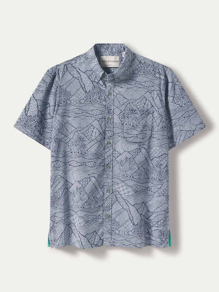 Blue and white mountain line-print short-sleeve button-up shirt, front display view in both images.