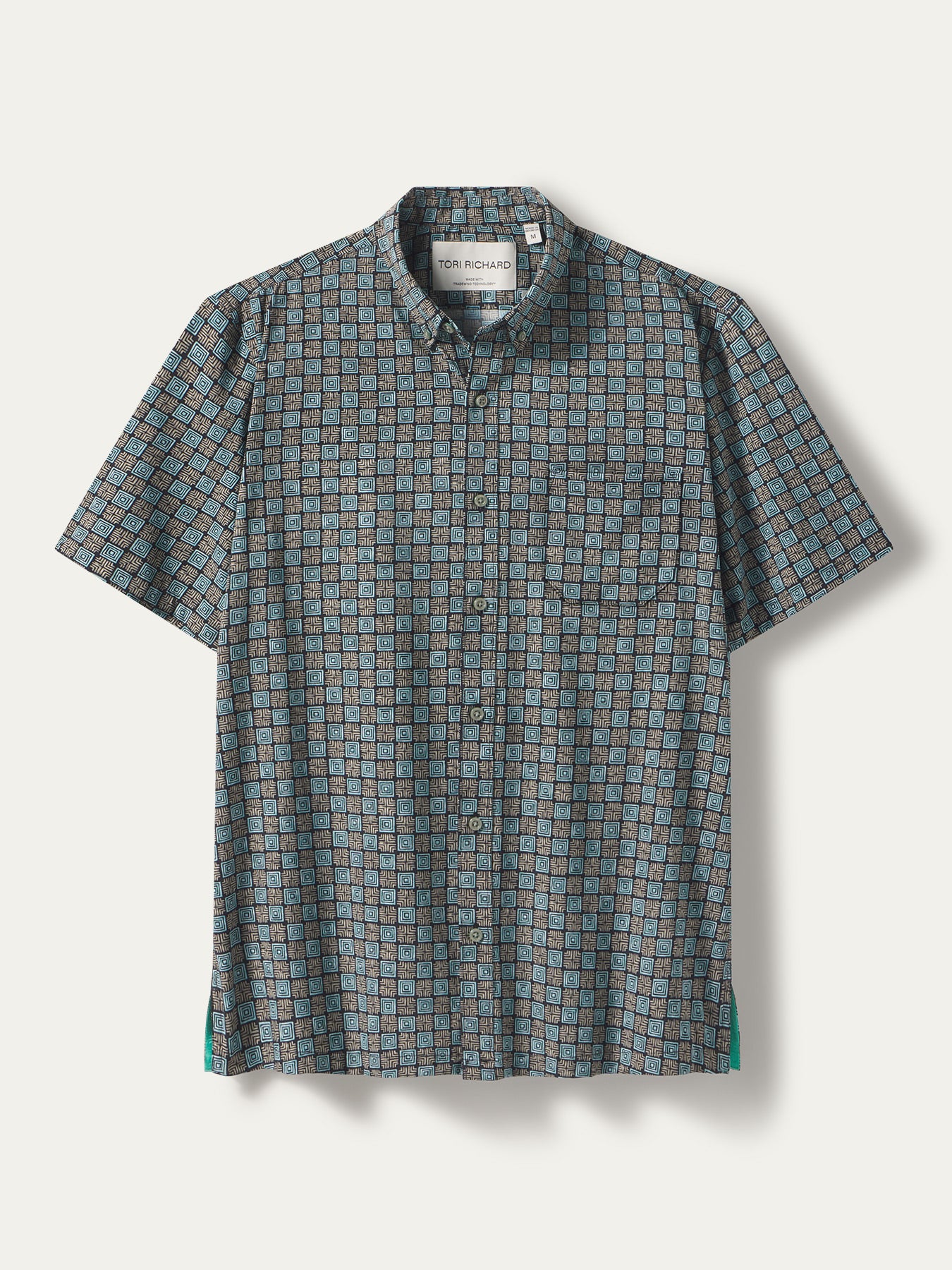 Blue and brown checked short-sleeve shirt, button-up with collar and pocket, front view (Images 1 & 2).