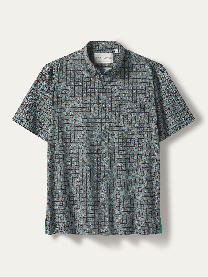 Blue and brown checked short-sleeve shirt, button-up with collar and pocket, front view (Images 1 & 2).