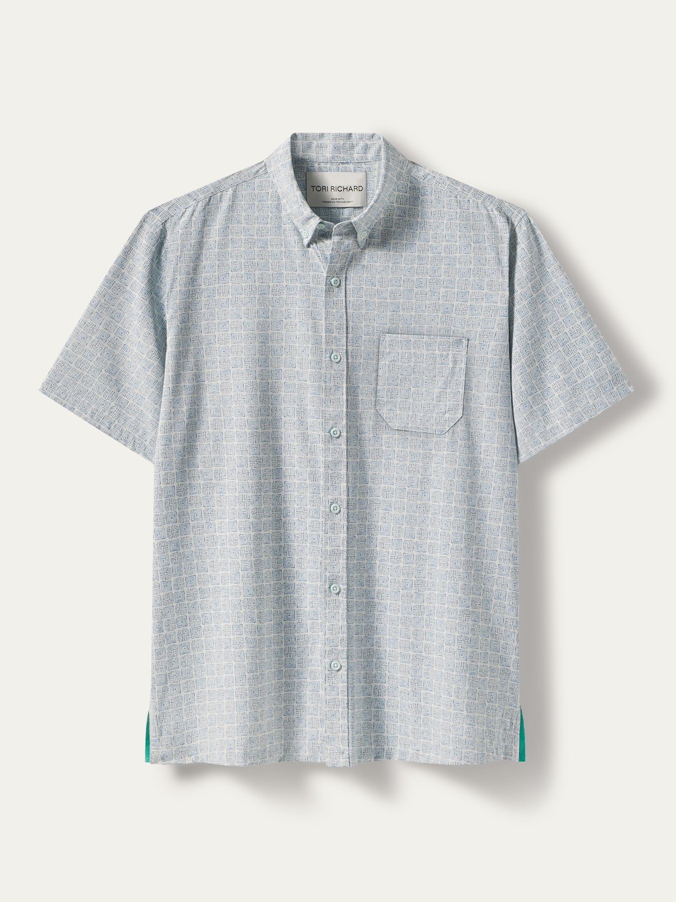 Light blue grid-pattern short-sleeve shirt with chest pocket, flat lay view (shown in Images 1 and 2).