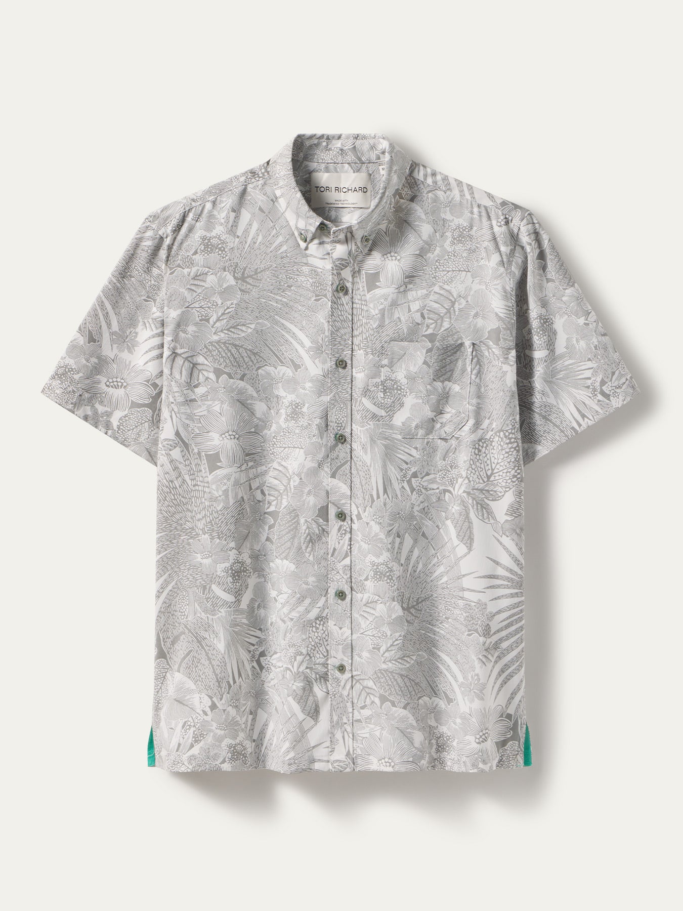 Gray leaf-print short-sleeve button-up shirt, front view on white background shown in both images.