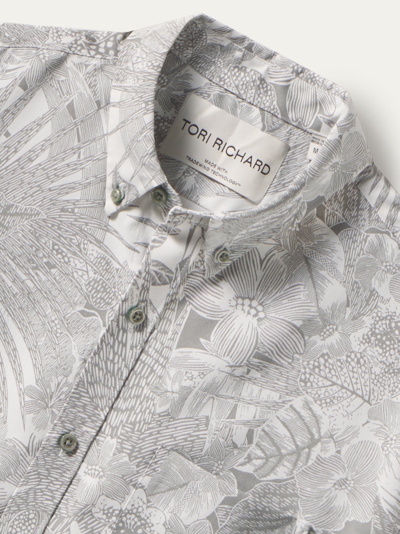 Gray and white floral-print short-sleeve shirt, front view, with Tradewind Technology® shown in Images 1 and 2.