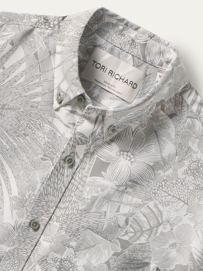 Gray and white floral-print short-sleeve shirt, front view, with Tradewind Technology® shown in Images 1 and 2.