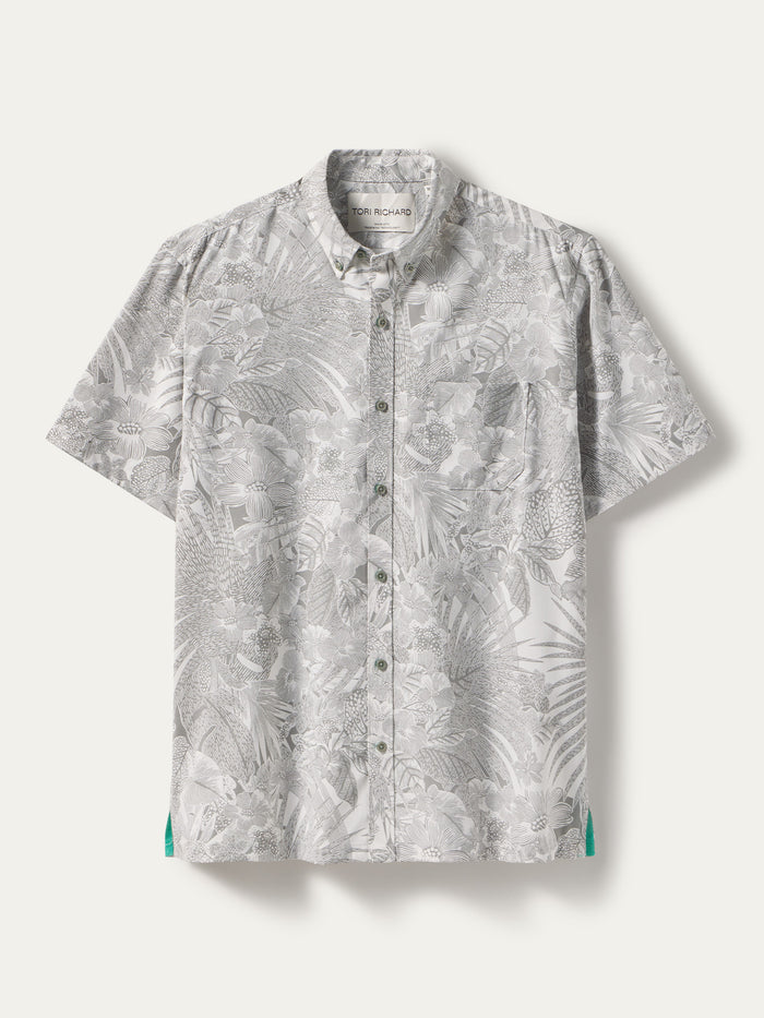 Gray leaf-print short-sleeve button-up shirt, front view on white background shown in both images.