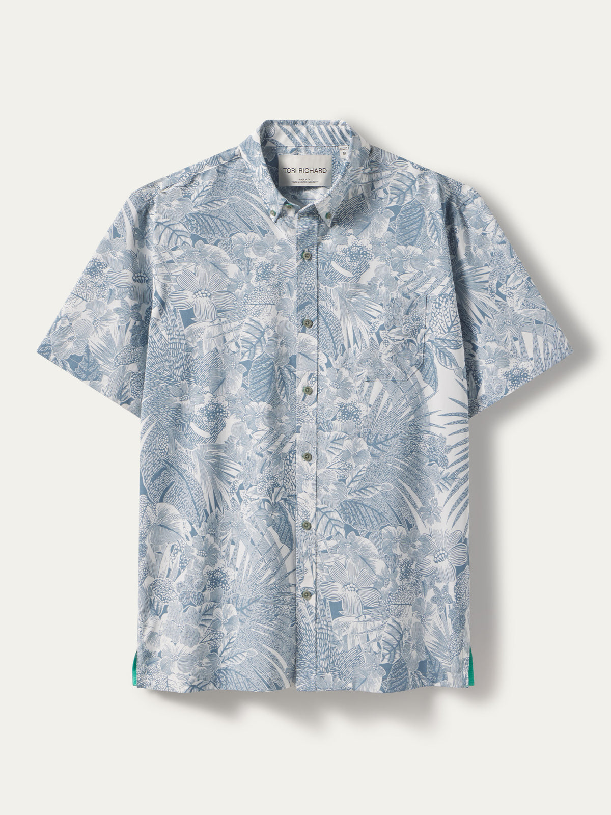 Light blue and white tropical-print short-sleeve shirt, breathable fabric, front and back views.