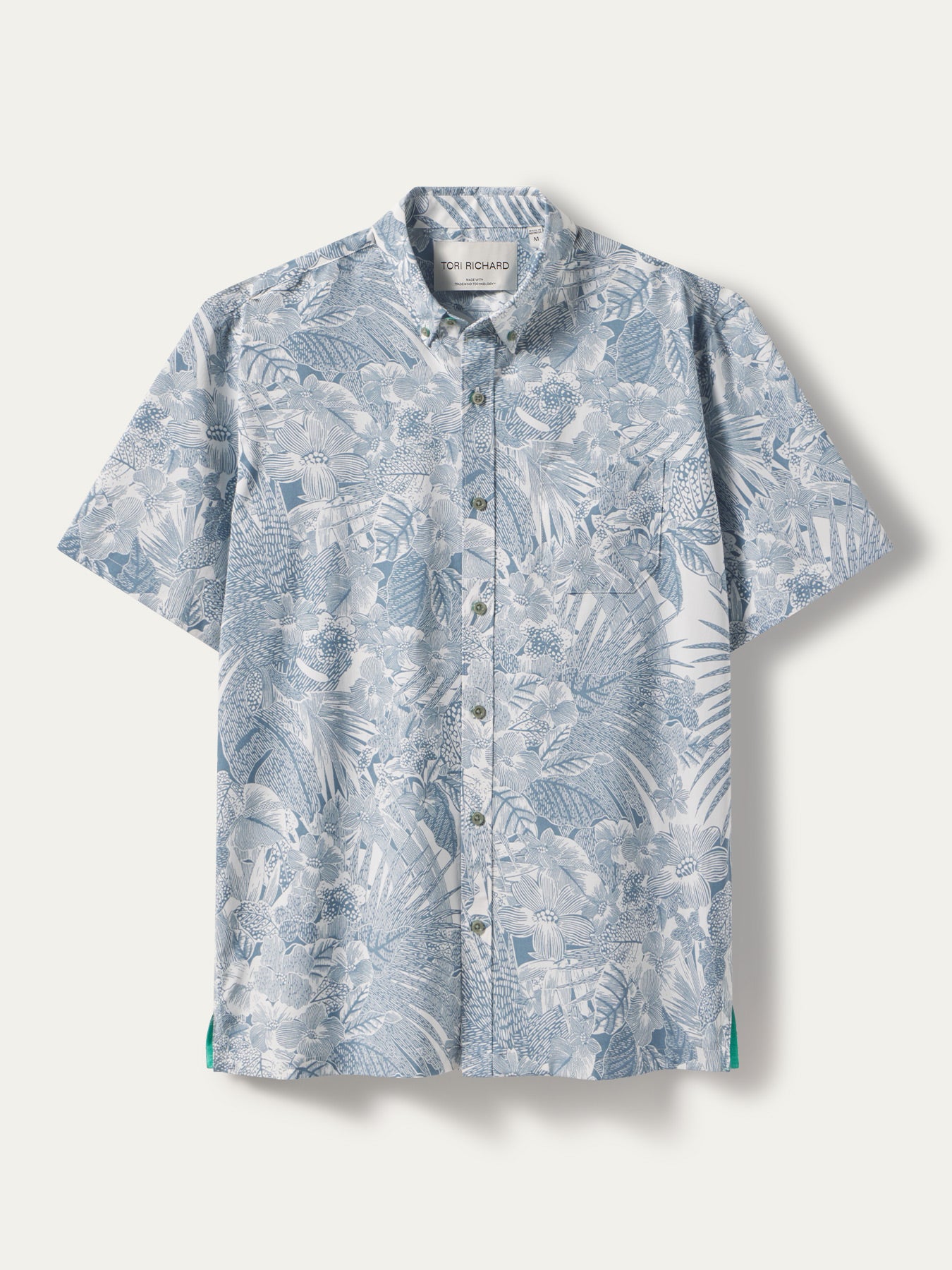 Light blue and white tropical-print short-sleeve shirt, breathable fabric, front and back views.