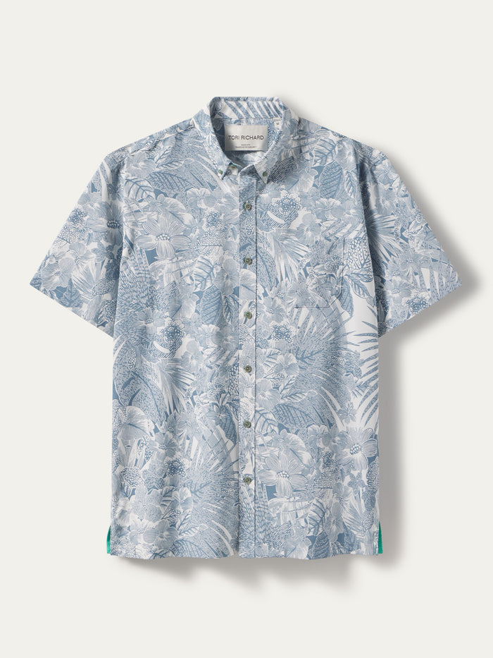Light blue and white tropical-print short-sleeve shirt, breathable fabric, front and back views.