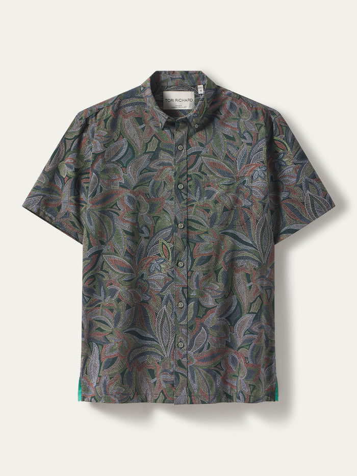 Multicolor leaf-print short-sleeve shirt with moisture-wicking fabric, front view.