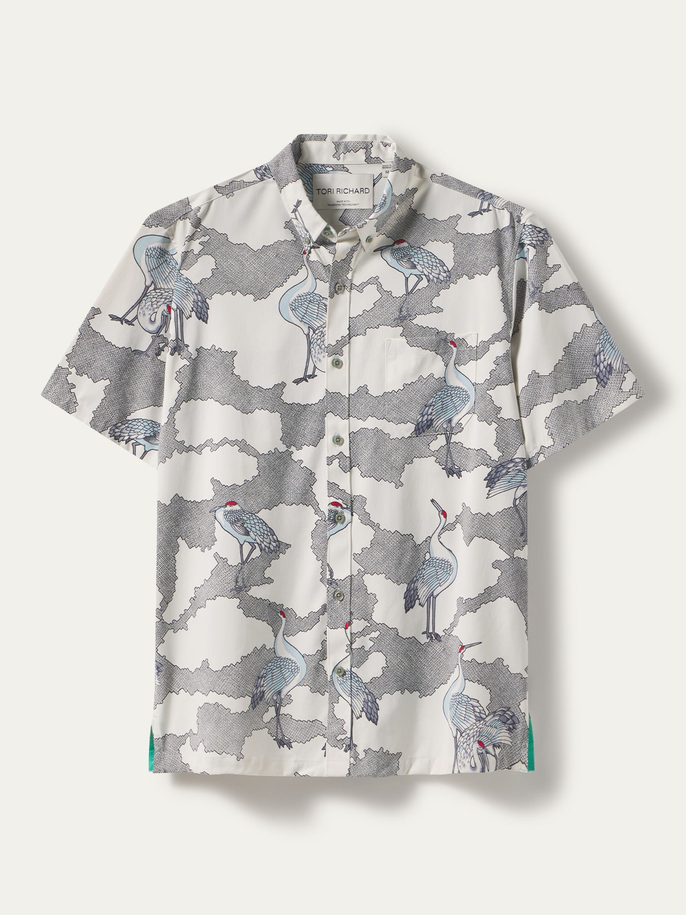 Gray, white, and blue vintage crane-print short-sleeve shirt, front view (Images 1 & 2).
