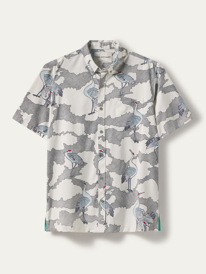 Gray, white, and blue vintage crane-print short-sleeve shirt, front view (Images 1 & 2).