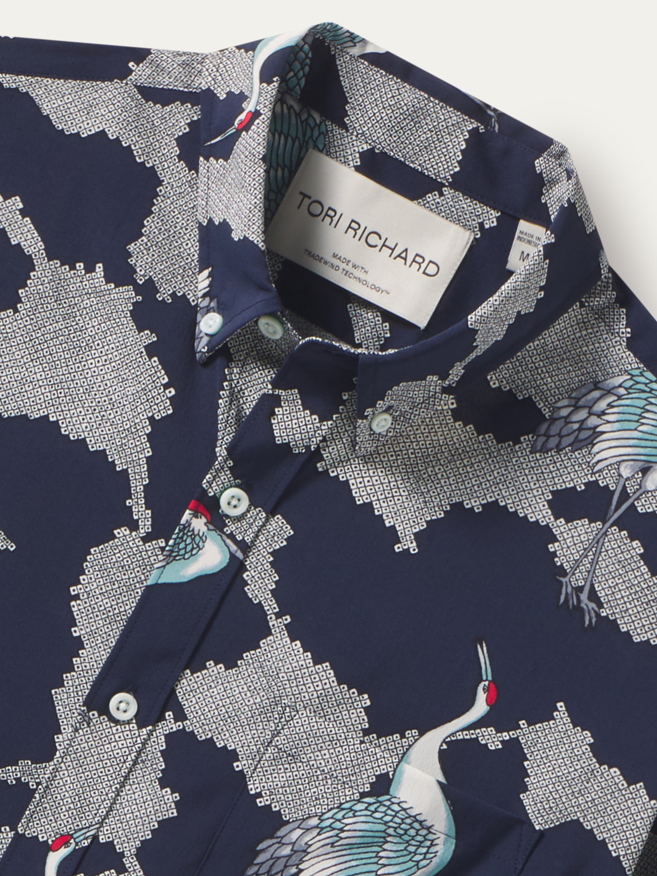 Navy shirt with white crane and geometric print, Tradewind Technology®, front view (shown in images 1 & 2).